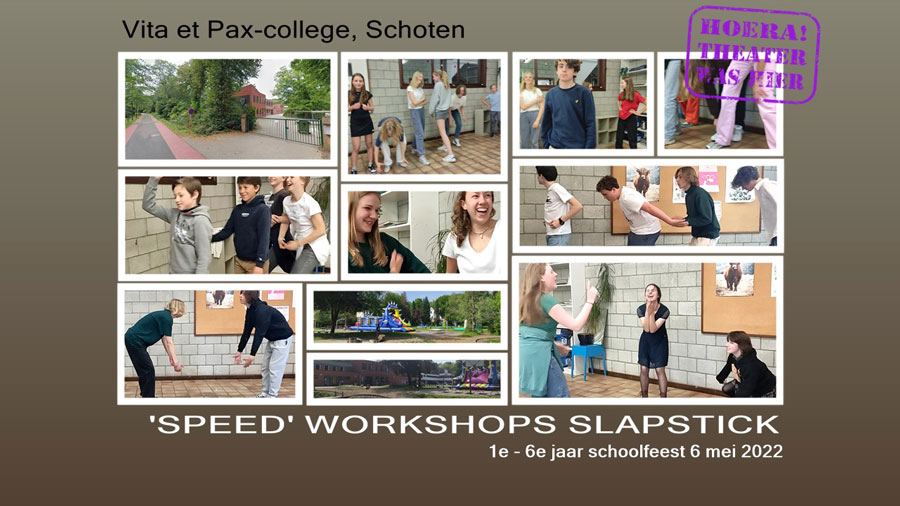 Slapstick op schoolfeest secundair Vita et Pax-college Schoten in carrouselsysteem 50 minuten workshop per groep